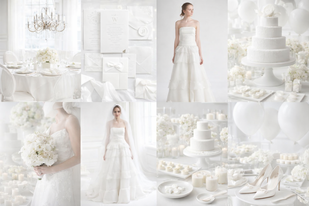 Moodboard matrimonio total white con abito da sposa minimal, torta nuziale bianca, bouquet di rose bianche, inviti eleganti, tavolo imperiale e dettagli decorativi completamente bianchi.