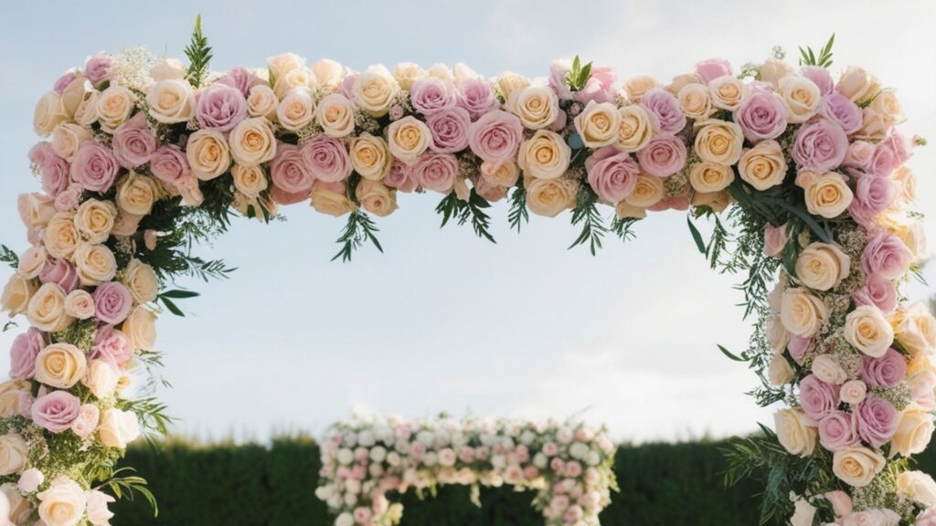 Arco floreale per matrimonio con rose rosa cipria, avorio e verde, allestimento cerimonia all'aperto